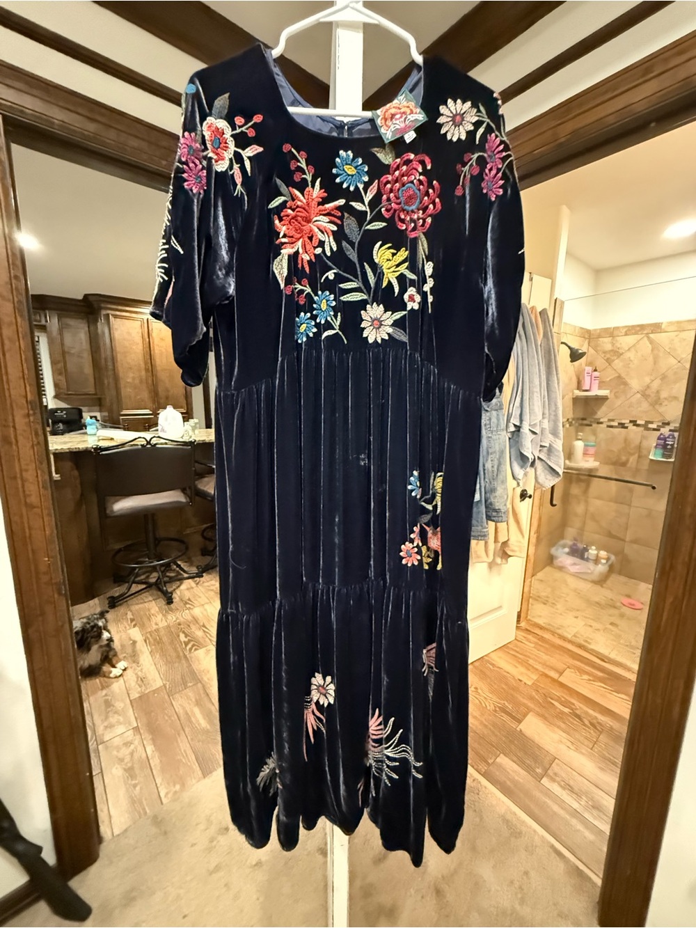 Johnny Was Navy Velvet Maxi Dress with Multicolor Floral Embroidery